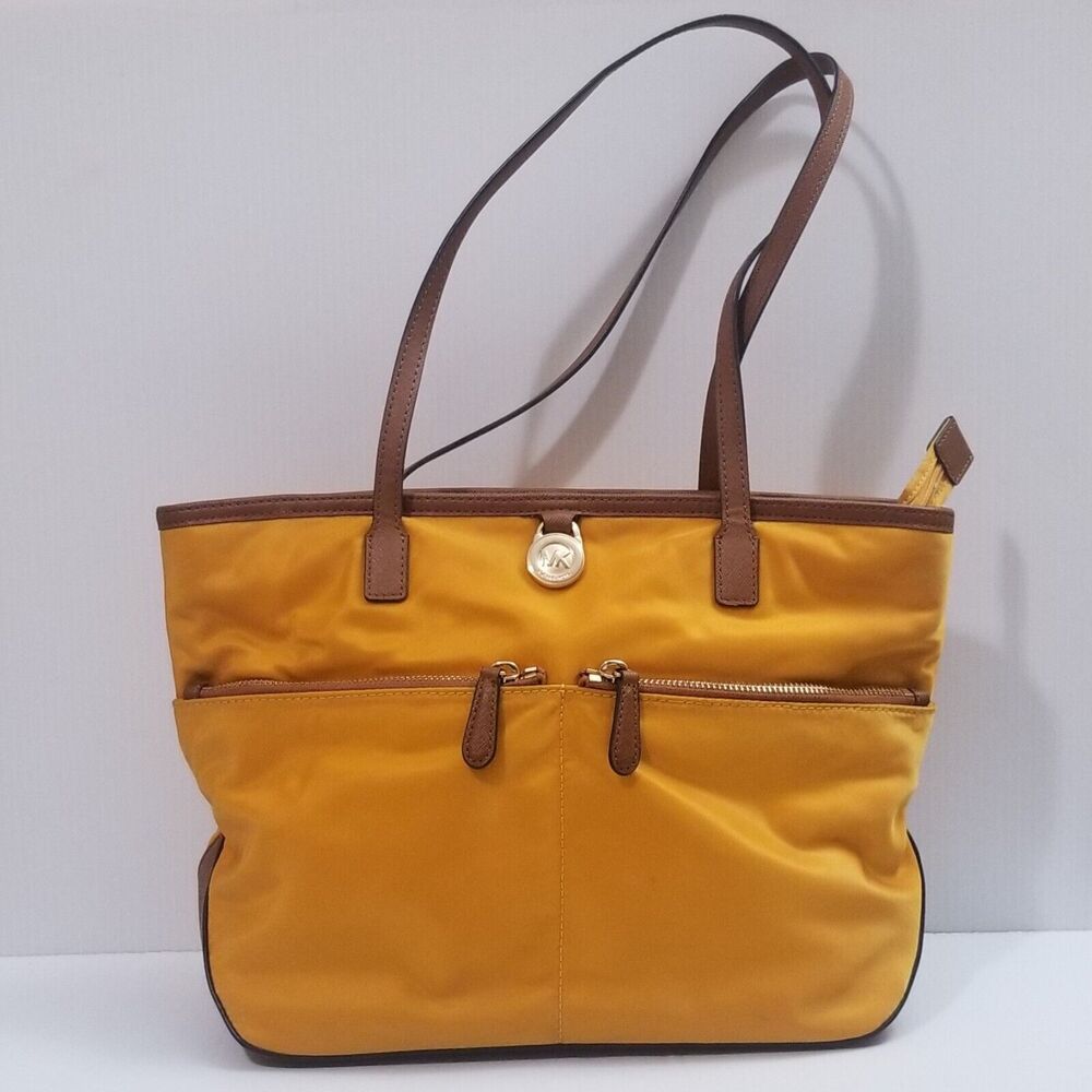 Michael Kors Kempton Medium Pocket Nylon Tote Handbag Purse Hunter Forest Yellow